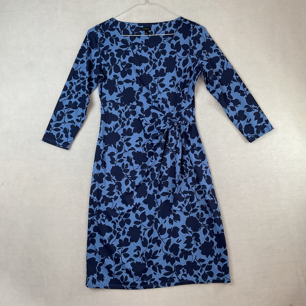 Talbots Womens Blue Floral Faux Wrap Sheath Dress 3/4 Sleeve Side Tie Small